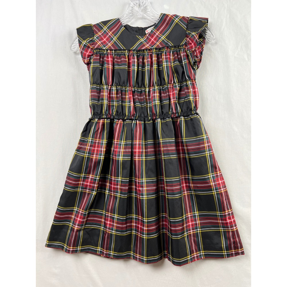 Crewcuts Plaid Dress Girls 8 Black Red Tartan Smocked Flutter Sleeve Holiday